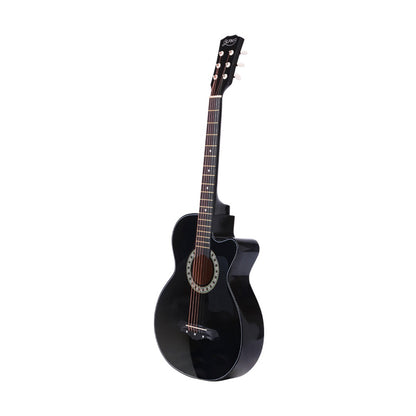 Alpha 38 Inch Acoustic Guitar Wooden Body Steel String Full Size w/ Stand Black