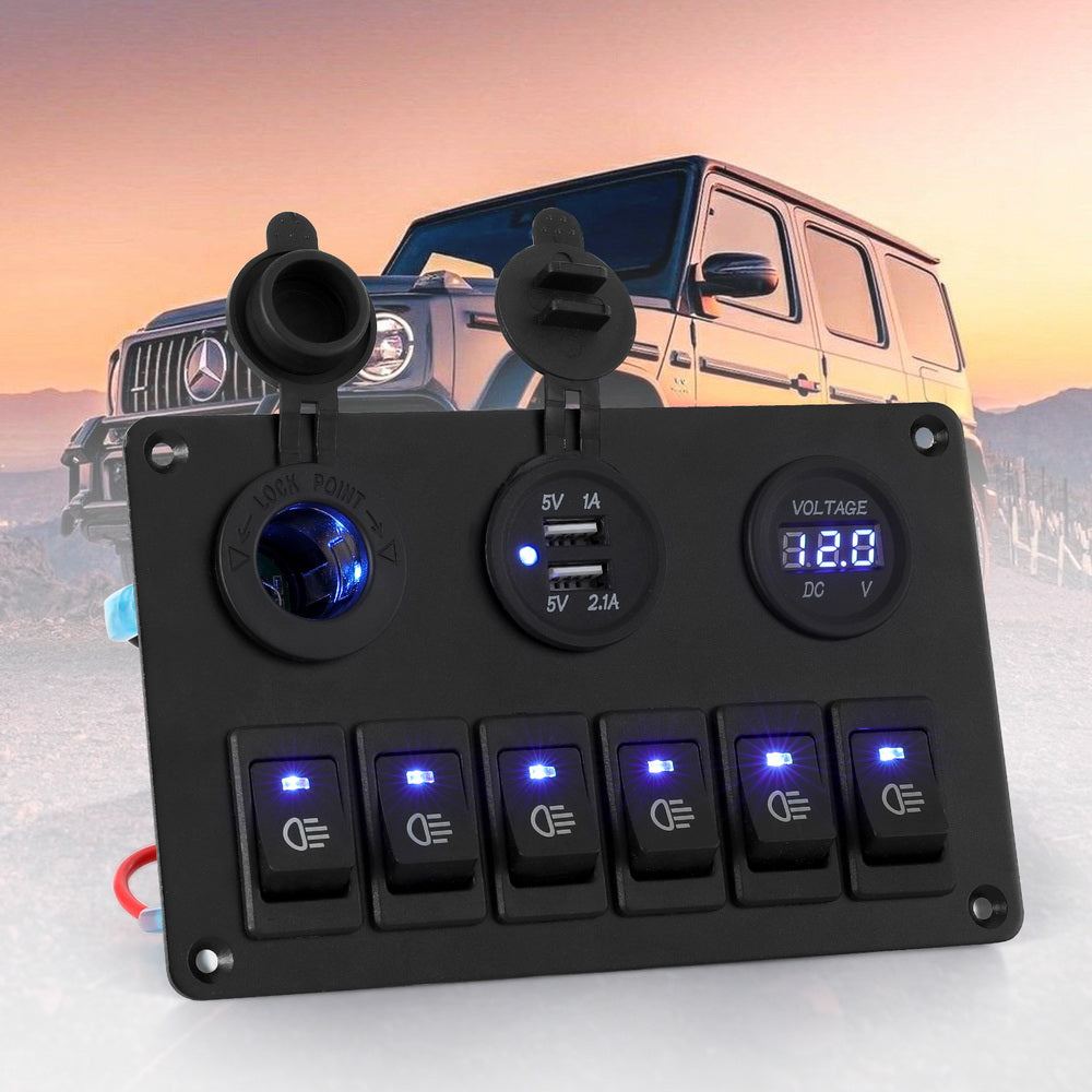 Giantz 6 Gang 12V Switch Panel For Car Boat Marine USB ON-OFF LED Rocker Toggle