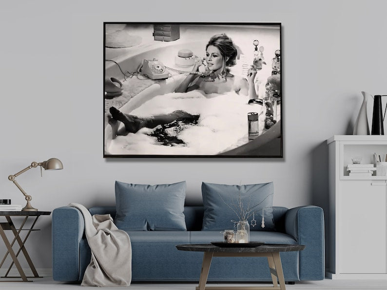 Wall Art 40cmx60cm Brigitte Bardot In the bath poster, Black Frame Canvas