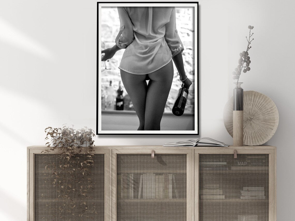 Wall Art 80cmx120cm Woman Drinking Wine , Black and White, Black Frame Canvas