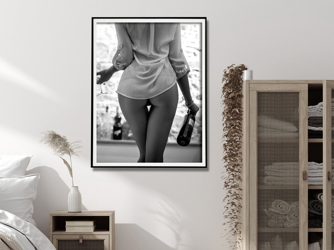 Wall Art 90cmx135cm Woman Drinking Wine , Black and White, Black Frame Canvas