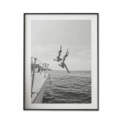 Wall Art 30cmx40cm Black and White Ocean Jump, Black Frame Canvas