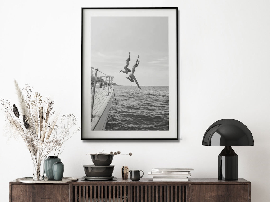 Wall Art 30cmx40cm Black and White Ocean Jump, Black Frame Canvas