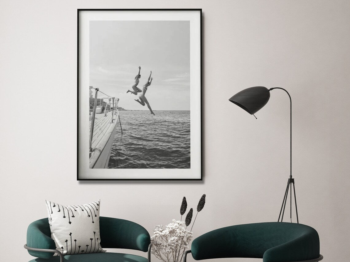 Wall Art 50cmx70cm Black and White Ocean Jump, Black Frame Canvas