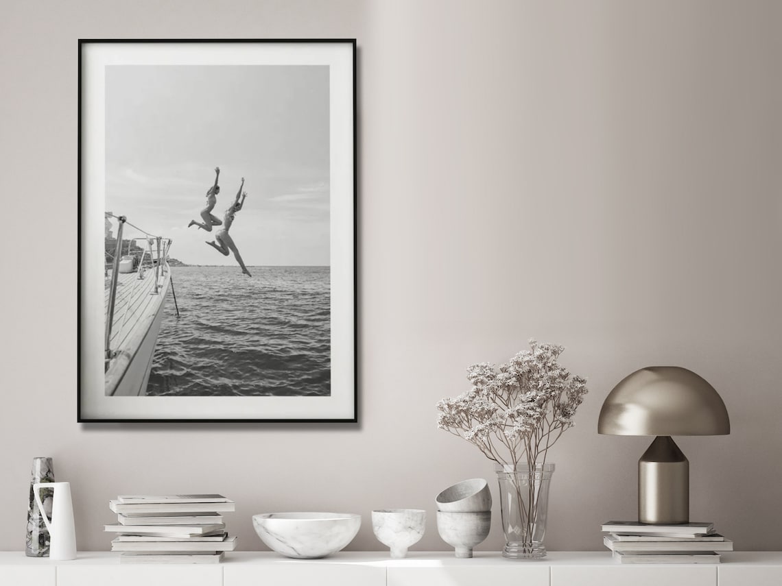 Wall Art 80cmx120cm Black and White Ocean Jump, Black Frame Canvas