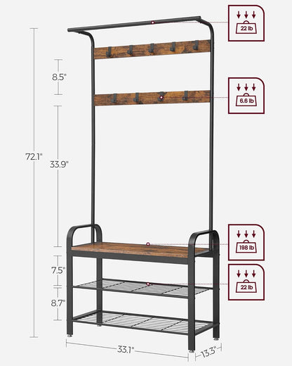 VASAGLE 4-in-1 Coat Rack with Shoe Bench and 9 Removable Hooks Rustic Brown and Black