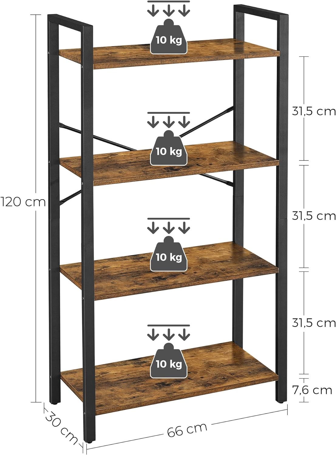 VASAGLE 4-Tier Bookshelf Storage Rack with Steel Frame for Living Room Office Study Hallway Industrial Style Rustic Brown and Black