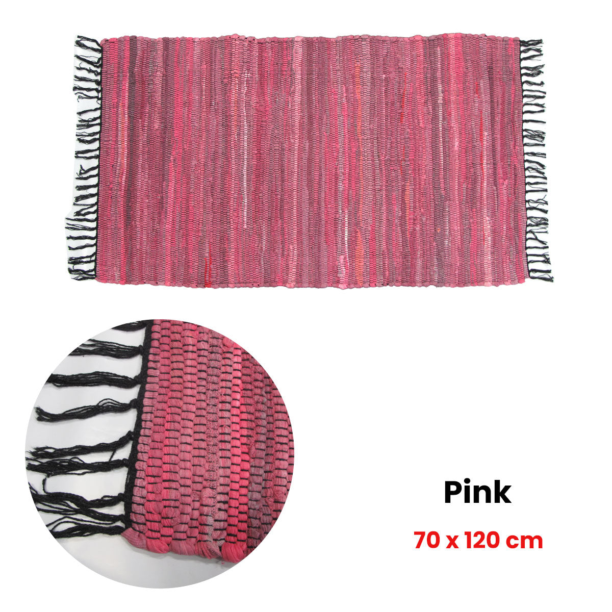 Tonal Chindi Cotton Handmade Floor Mat with Tassels 70 x 120 cm Pink