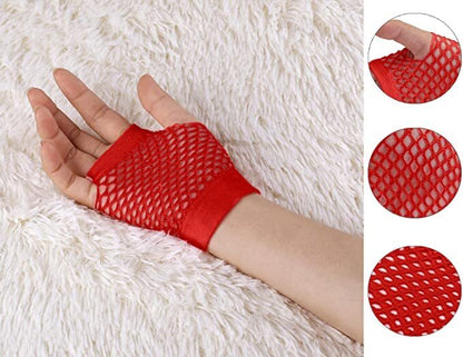 12 Pair Fishnet Gloves Fingerless Wrist Length 70s 80s Costume Party Bulk - Red