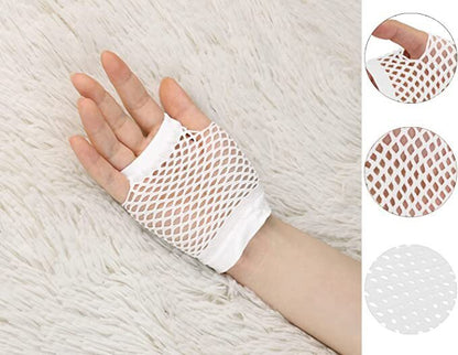 12 Pair Fishnet Gloves Fingerless Wrist Length 70s 80s Costume Party - White