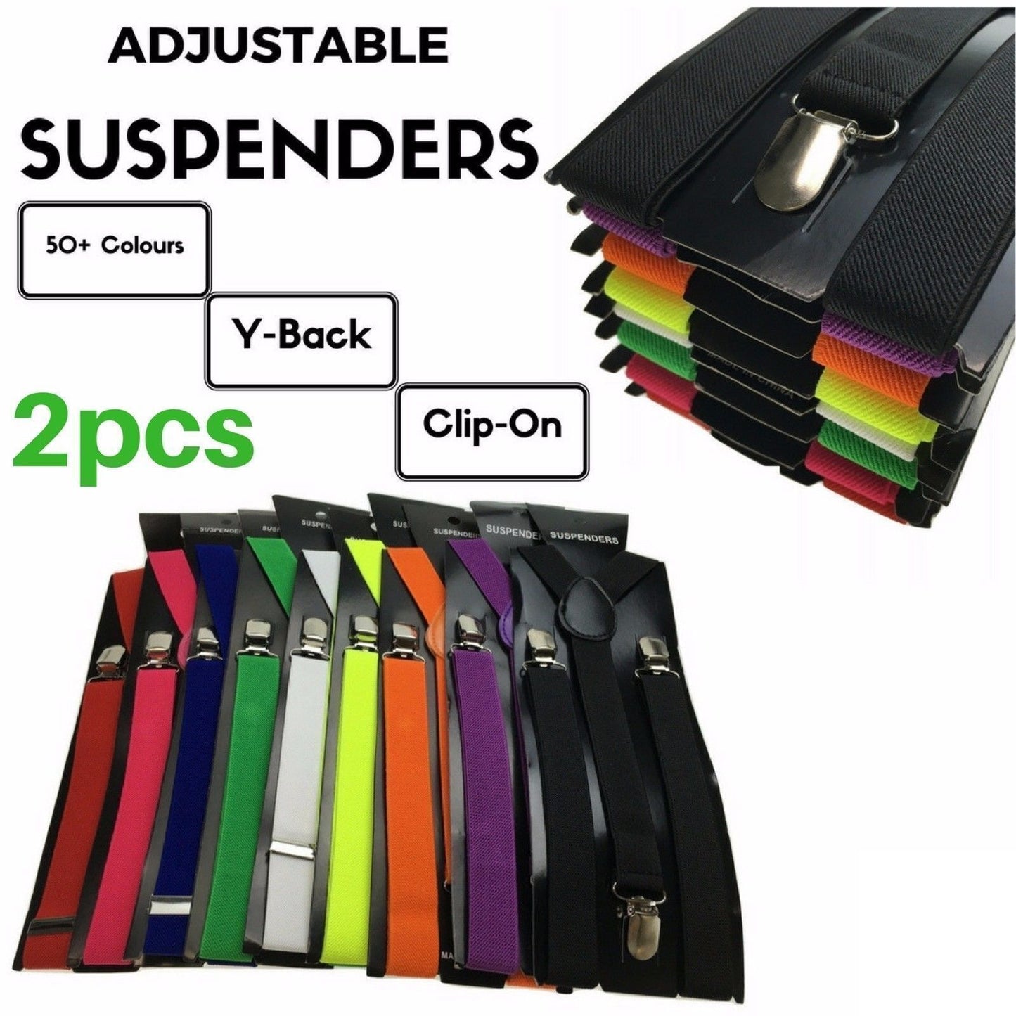 2x Mens Suspenders Braces Adjustable Strong Clip On Elastic Formal Wedding Slim - Assorted Colour Pack