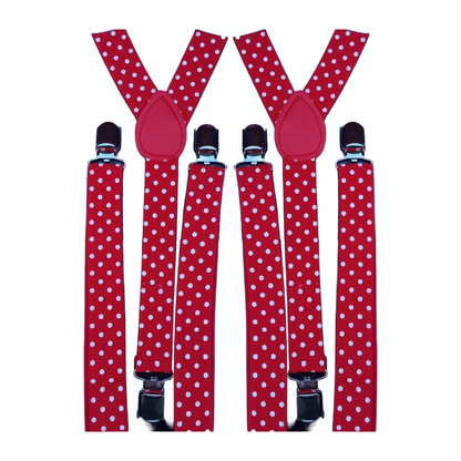 2x Mens Suspenders Braces Adjustable Strong Clip On Elastic Formal Wedding Slim - Red with White Polka Dot