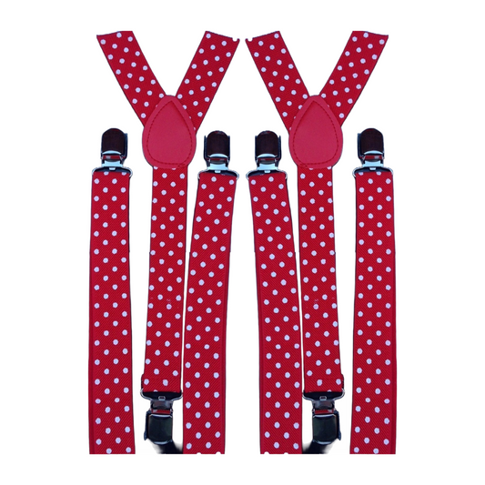 2x Mens Suspenders Braces Adjustable Strong Clip On Elastic Formal Wedding Slim - Red with White Polka Dot