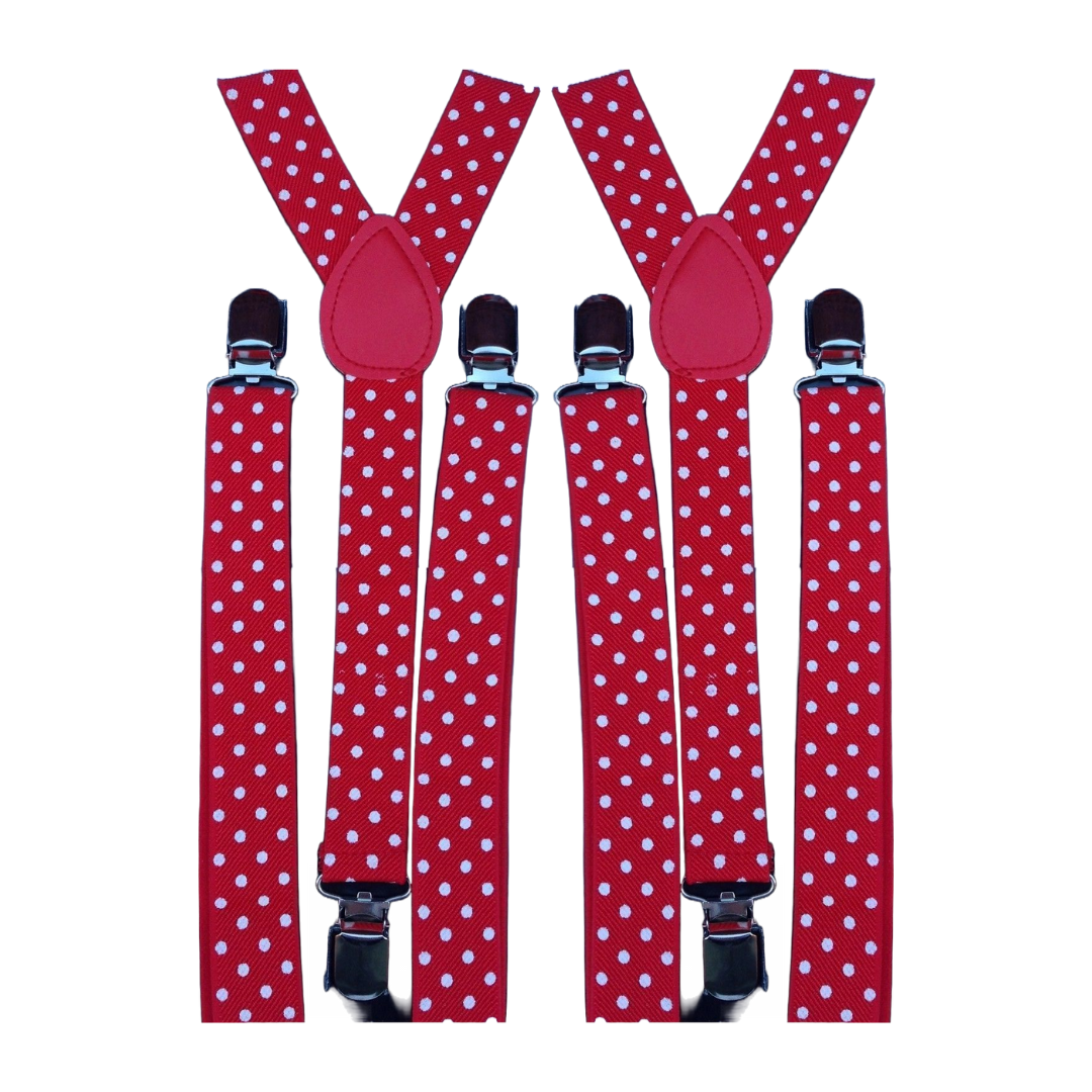 2x Mens Suspenders Braces Adjustable Strong Clip On Elastic Formal Wedding Slim - Red with White Polka Dot