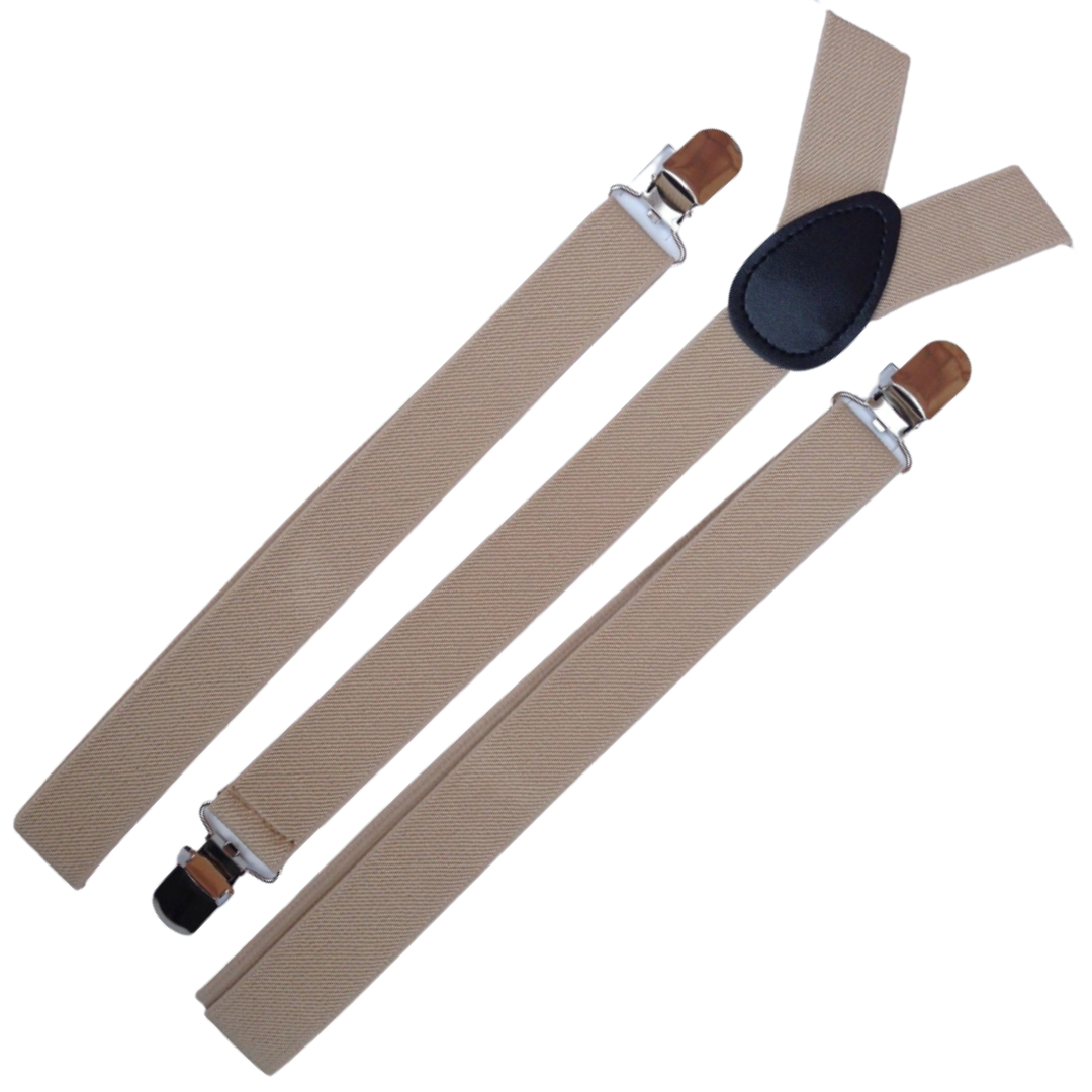 2x Mens Suspenders Braces Adjustable Strong Clip On Elastic Formal Wedding Slim - Beige