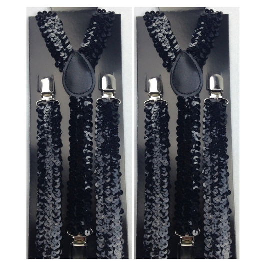 2x Mens Suspenders Braces Adjustable Strong Clip On Elastic Formal Wedding Slim - Black (Sequin)