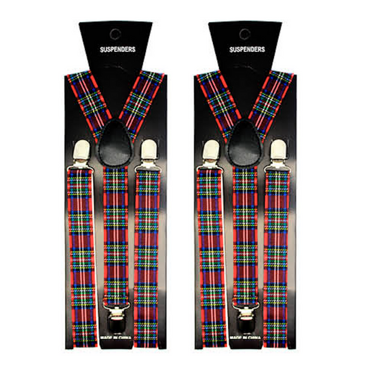 2x Mens Suspenders Braces Adjustable Strong Clip On Elastic Formal Wedding Slim - Tartan 2