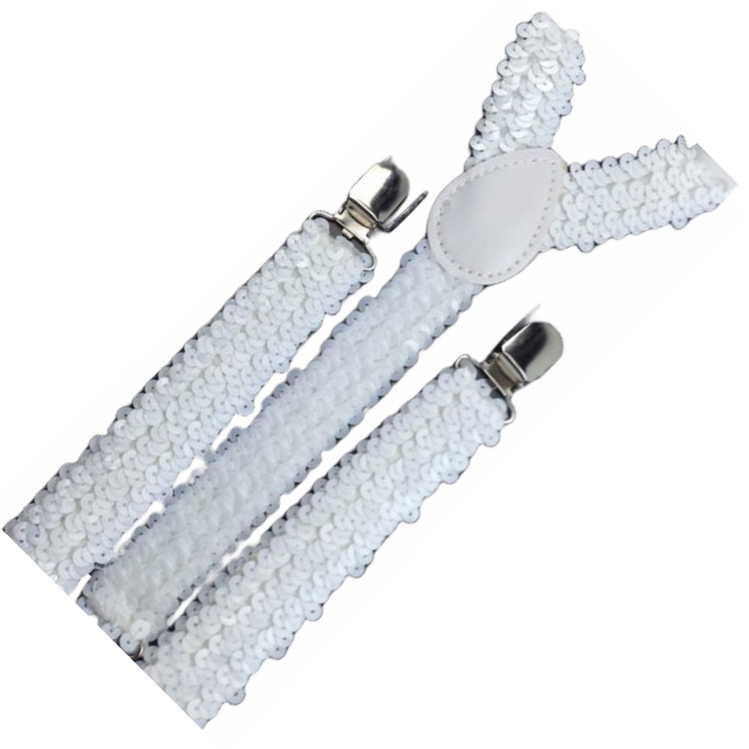 2x Mens Suspenders Braces Adjustable Strong Clip On Elastic Formal Wedding Slim - White (Sequin)