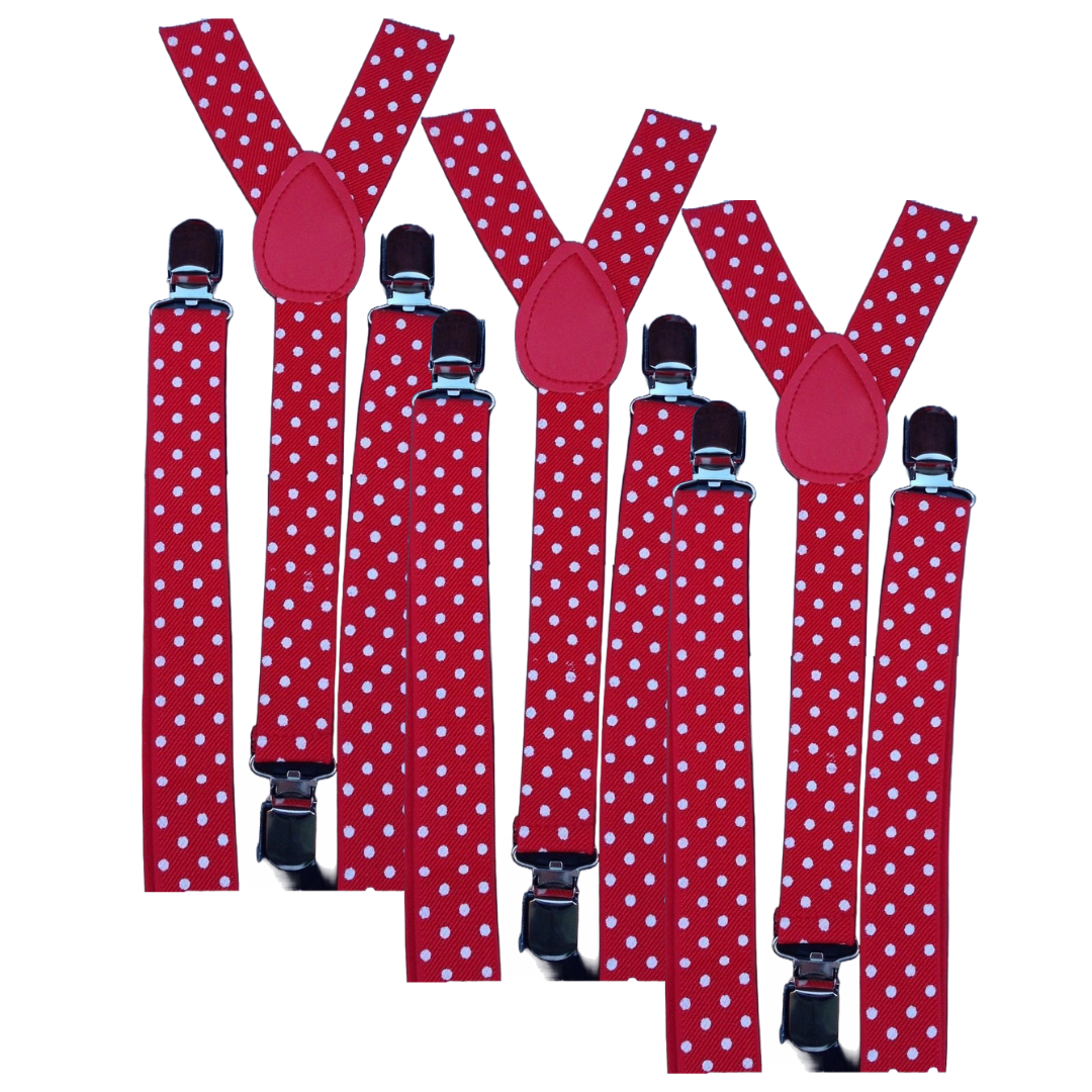 3x Mens Suspenders Braces Adjustable Strong Clip On Elastic Formal Wedding Slim - Red with White Polka Dot