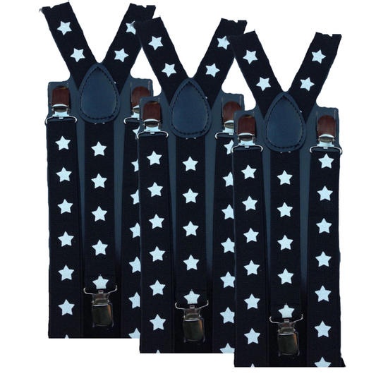 3x Mens Suspenders Braces Adjustable Strong Clip On Elastic Formal Wedding Slim - Black with White Stars