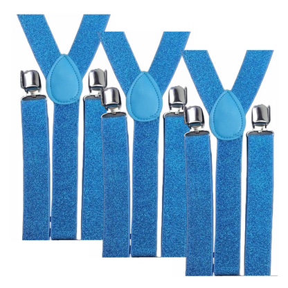 3x Mens Suspenders Braces Adjustable Strong Clip On Elastic Formal Wedding Slim - Sky Blue (Glitter)