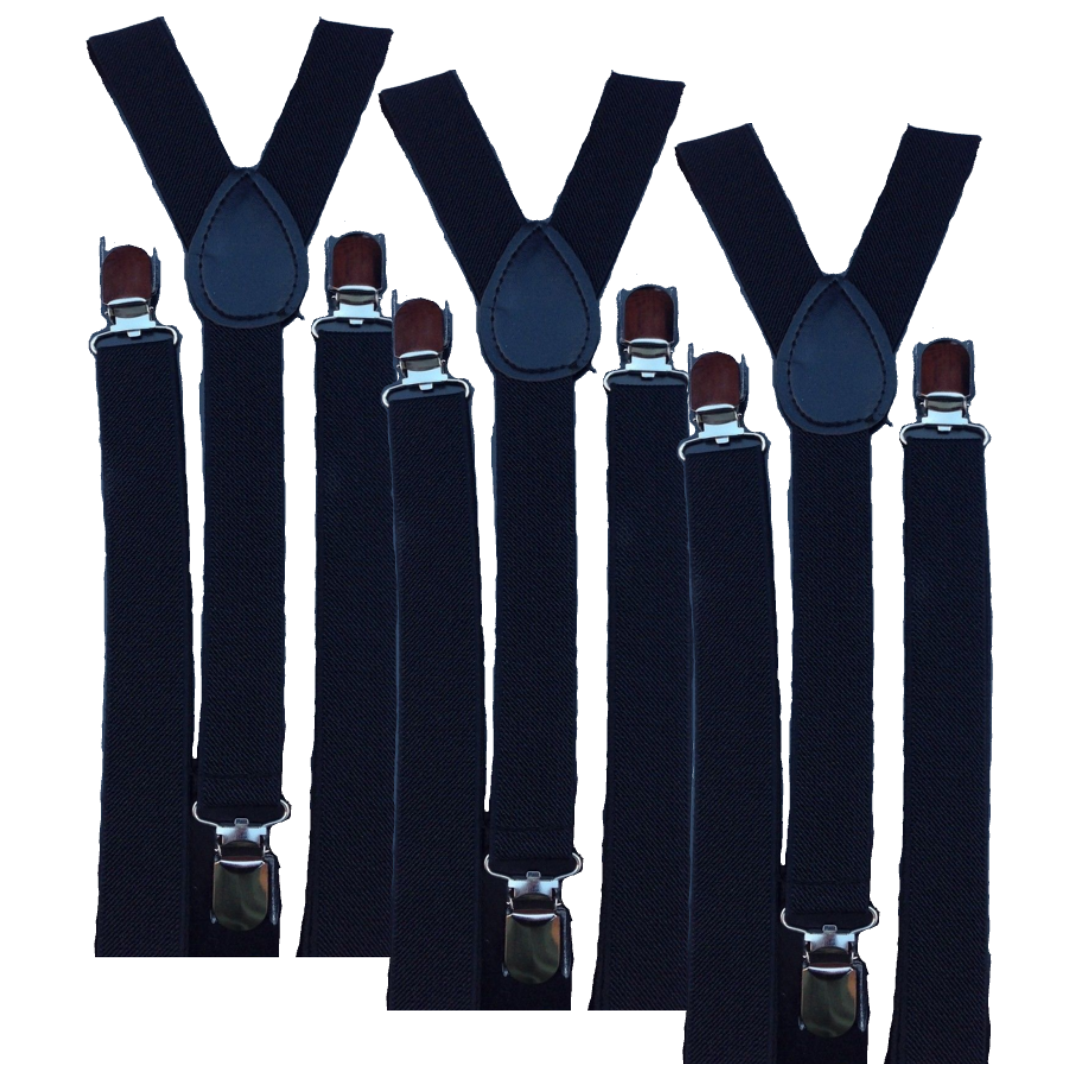 3x Mens Suspenders Braces Adjustable Strong Clip On Elastic Formal Wedding Slim - Black