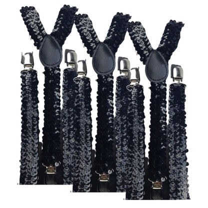 3x Mens Suspenders Braces Adjustable Strong Clip On Elastic Formal Wedding Slim - Black (Sequin)