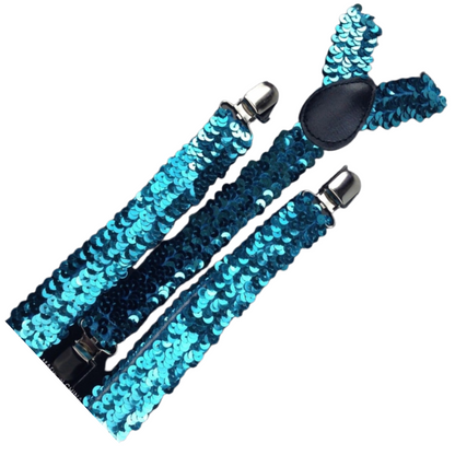 3x Mens Suspenders Braces Adjustable Strong Clip On Elastic Formal Wedding Slim - Blue (Sequin)