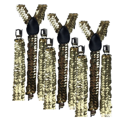 3x Mens Suspenders Braces Adjustable Strong Clip On Elastic Formal Wedding Slim - Gold (Sequin)