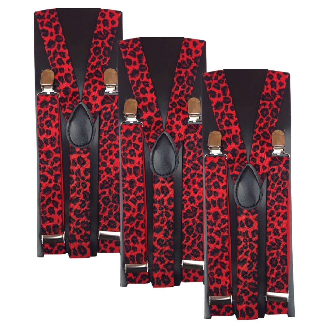 3x Mens Suspenders Braces Adjustable Strong Clip On Elastic Formal Wedding Slim - Red Leopard