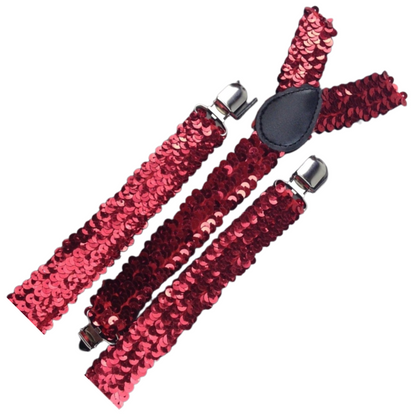 3x Mens Suspenders Braces Adjustable Strong Clip On Elastic Formal Wedding Slim - Red (Sequin)