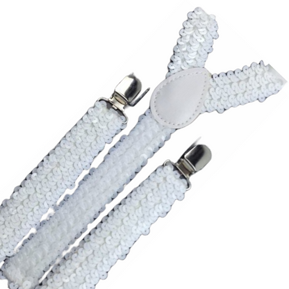 3x Mens Suspenders Braces Adjustable Strong Clip On Elastic Formal Wedding Slim - White (Sequin)