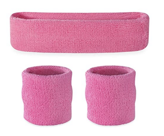 WRISTBAND & HEADBAND SET Tennis Terry Towelling Cotton Sweat Band Team Gym  - Light Pink