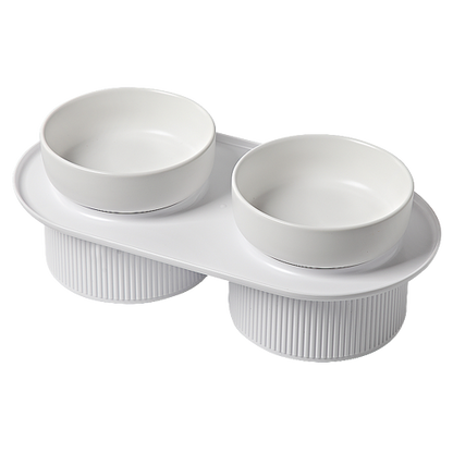 24x Ribbed Ceramic Double Pet Bowl 3pc Set - White